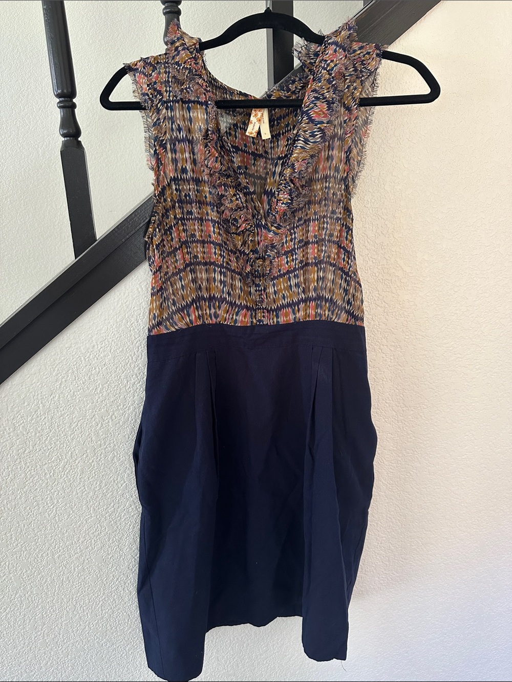 Anthropology Maeve Navy Dress with Multicolor Patterned Bodice